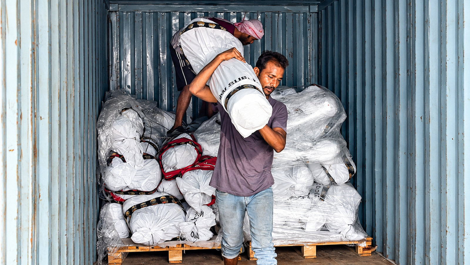 Workers loading packaged goods for export dispatch
